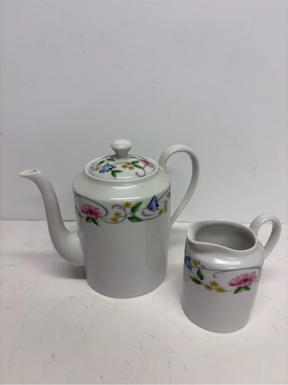 Vintage Limoges France Porcelain Floral Teapot and Creamer Set 2
